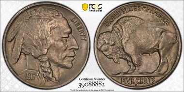 1917-S 5C 2 Feathers, FS-401 AU58