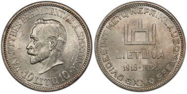 1938 10 Litu Republic ↑↑ KM-84 Ag MS63
