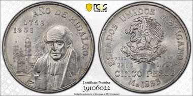 1953-Mo 5 Peso Bicentennial of Hidalgo KM-468  Ag MS64