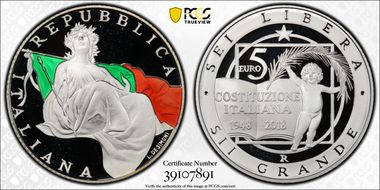 2018-R € 5 70th Ann. Constitution PR70DCAM