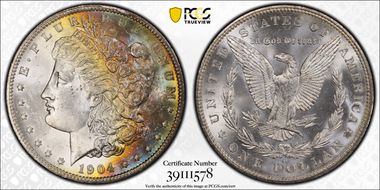 1904-O $1 VAM 4B, Fishhook MS63