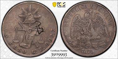(1872-77) Peso KM-R7 C/M on Mex Peso XF40