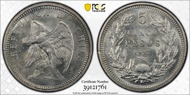 1927-So 5 Peso Narrow 5 MS62