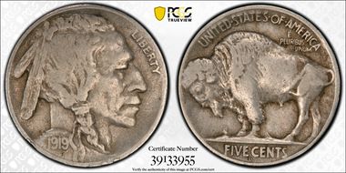 1919-D 5C 2 Feathers FS-401 VF20