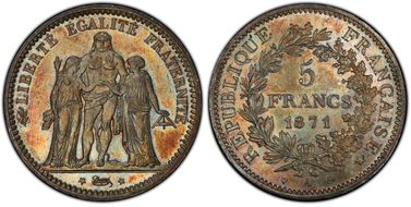 1871-A 5 Fr Trident Date espacée MS64