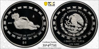 1997-Mo 5 Peso Jugador de Pelota KM-622  Ag PR69DCAM