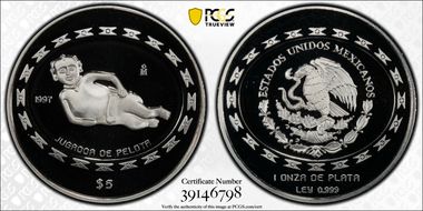 1997-Mo 5 Peso Jugador de Pelota KM-622  Ag PR69DCAM