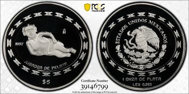 1997-Mo 5 Peso Jugador de Pelota KM-622  Ag PR69DCAM