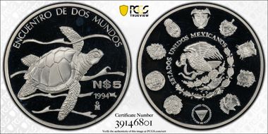 1994-Mo 5 Peso Pacific Ridley Sea Turtle KM-588 Ag PR66DCAM