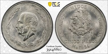 1954-Mo 5 Peso Hidalgo KM-467  Ag MS64