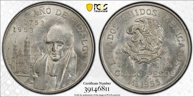 1953-Mo 5 Peso Bicentennial of Hidalgo KM-468  Ag N1