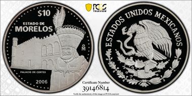 2006-Mo 10 Peso Morelos KM-832  Ag PR69DCAM