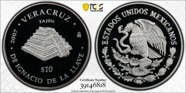2007-Mo 10 Peso Veracruz KM-845  Ag PR68DCAM