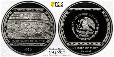 1993-Mo 2 Peso Bajorrelieve Del Tajin KM-568  Ag PR68DCAM