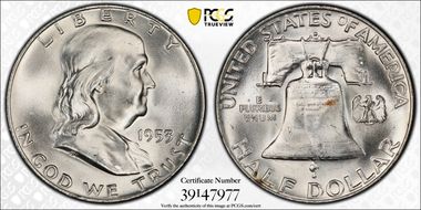 1953-D 50C Obv Die Clash FS-402 MS64+ FBL