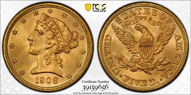 1908 $5 Liberty MS65+