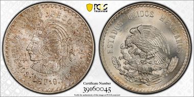1947-Mo 5 Peso Cuauhtemoc KM-465 Ag MS66
