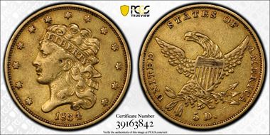1834 $5 Classic Head, Plain 4 VF30