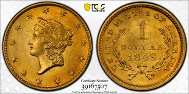 1849 G$1 Open Wreath MS64