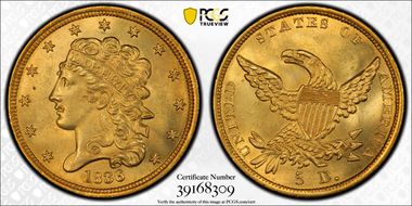 1836 $5 HM-6 MS64+