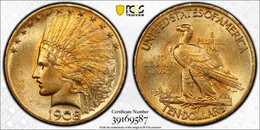 1908 $10 Motto MS64