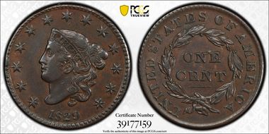 1829 1C N-5, Medium Letters AU53BN