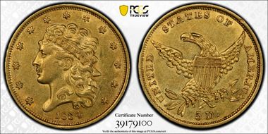 1834 $5 Classic Head, HM-8 AU53