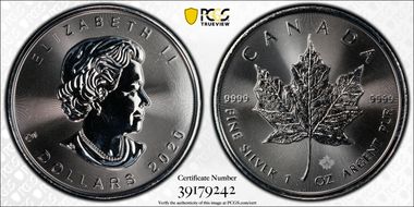 2020 $5 Maple Leaf Ag MS68