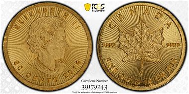 2019 50C Maple Leaf/Au 1 Gram MS68