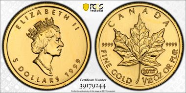 1999 $5 Maple Leaf Au 20 Years ANS Privy MS69