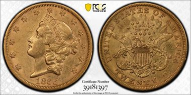 1866-S $20 Motto AU55