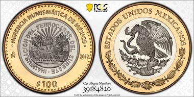 2012-Mo 100 P 1950-Mo 5 Peso Numismatic Heritage PL69