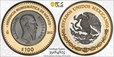 2012-Mo 100 P 1866-Mo 1 Peso Numismatic Heritage PL69