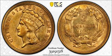 1854 $3 AU58+