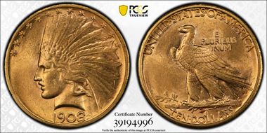 1908-D $10 No Motto AU58