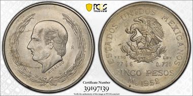 1952-Mo 5 Peso Hidalgo KM-467  Ag MS64