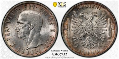 1939-R 5 Lek KM-33  Ag MS62