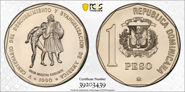 1990(c) Peso Columbus & Native Cu-Ni MS69