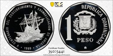 1989 Peso Ship Landing Ag Piefort PR67DCAM