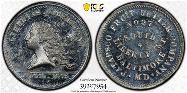 (1876) Token Rulau Md-Ba 205 White Metal Patapsco Fruit Butter Co. MS63