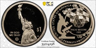 2019-S $1 American Innovation PA Polio Vaccine 1953 PR66DCAM