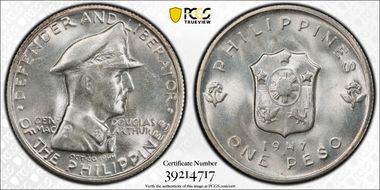 1947-S Peso Douglas MacArthur KM-185  Ag MS65