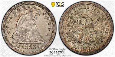 1853 25C Arrows and Rays MS63