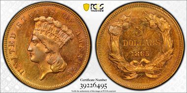 1865 $3 AU58+ 