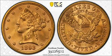 1893 $5 MS66