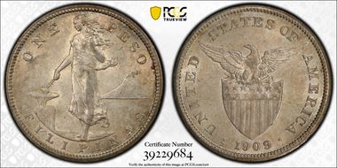 1909-S Peso KM-172  Ag AU58