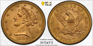 1908 $5 Liberty MS64