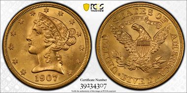 1907 $5 MS64+