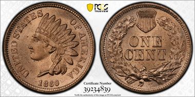1860 1C Pointed Bust MS65