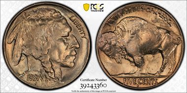1937-D 5C 3 Legs MS65+ 
